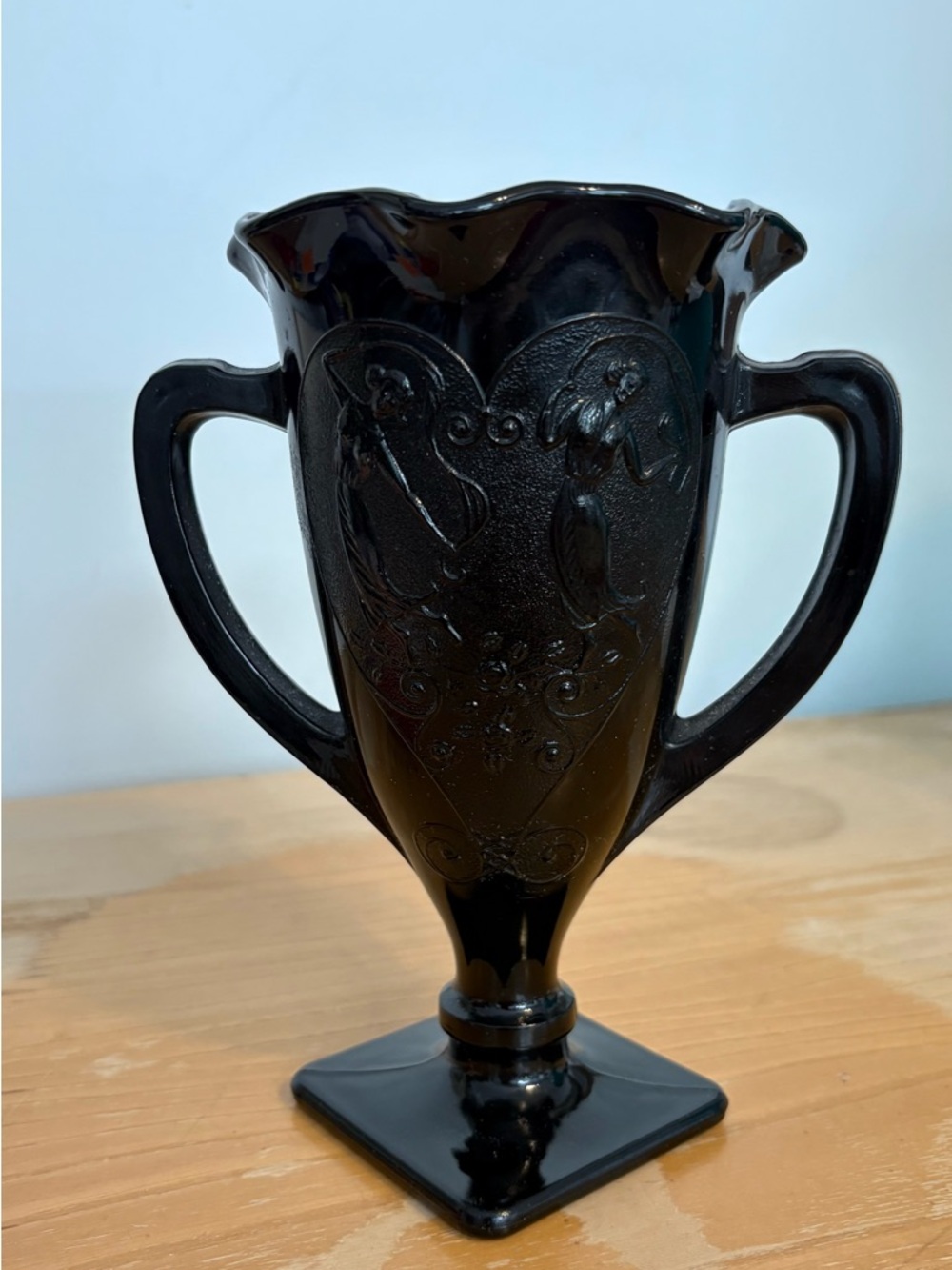 Vintage L.E. Smith black amethyst glass vase,  "Dancing Nymphs" vase, 1930s.
